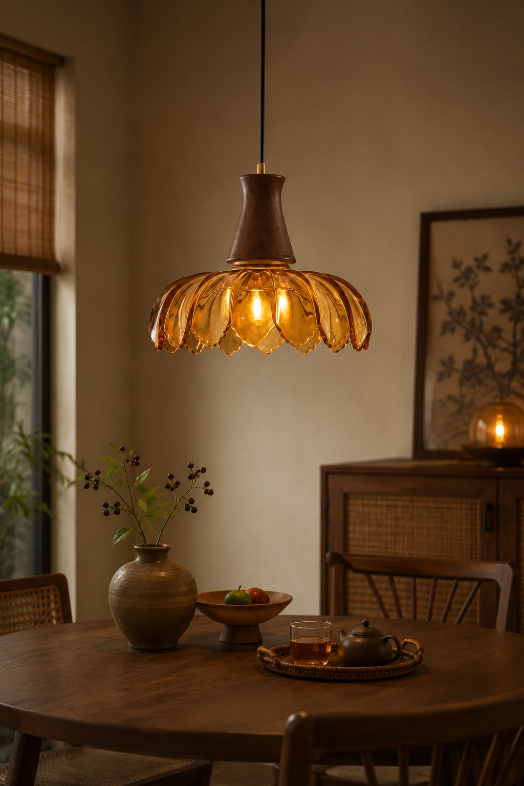 Amber Glass & Walnut Pendant Light