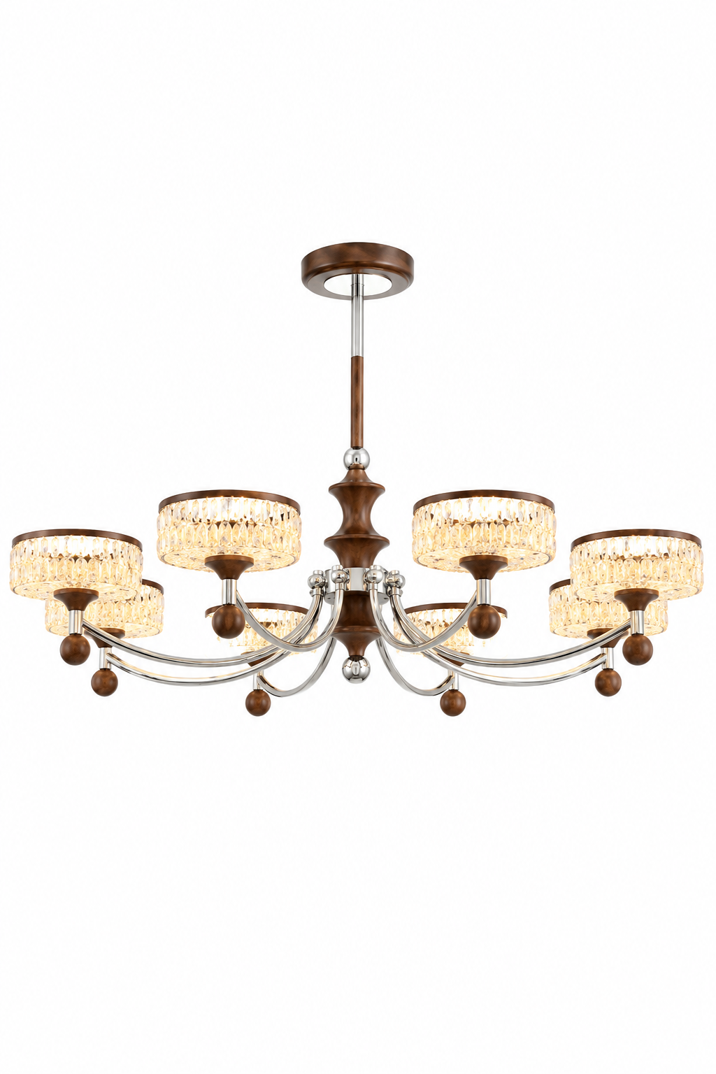 Modern Luxury Crystal Chandelier with Walnut Wood Accents & Chrome Finish