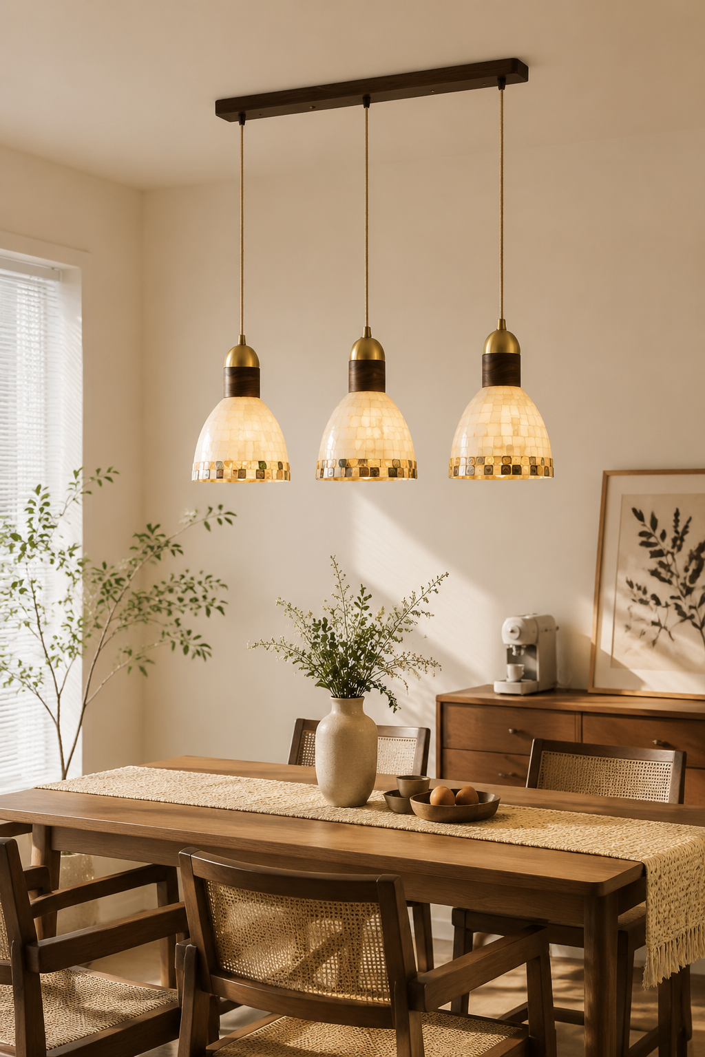 Natural Shell & Walnut Wood 3-Light Linear Pendant Chandelier