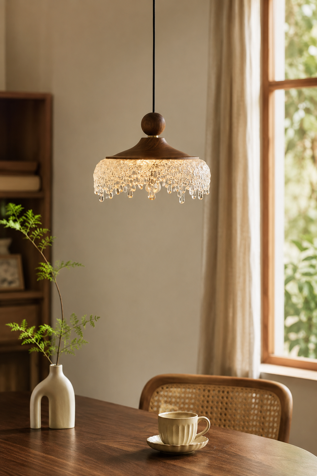Minimalist Walnut and Melting Ice Glass Pendant Light - Wabi-Sabi Aesthetic