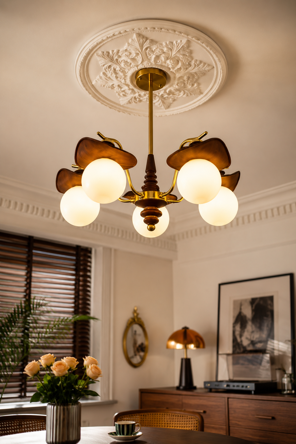 Modern Mid-Century Multi-Head Glass Globe Chandelier with Walnut & Brass Accents