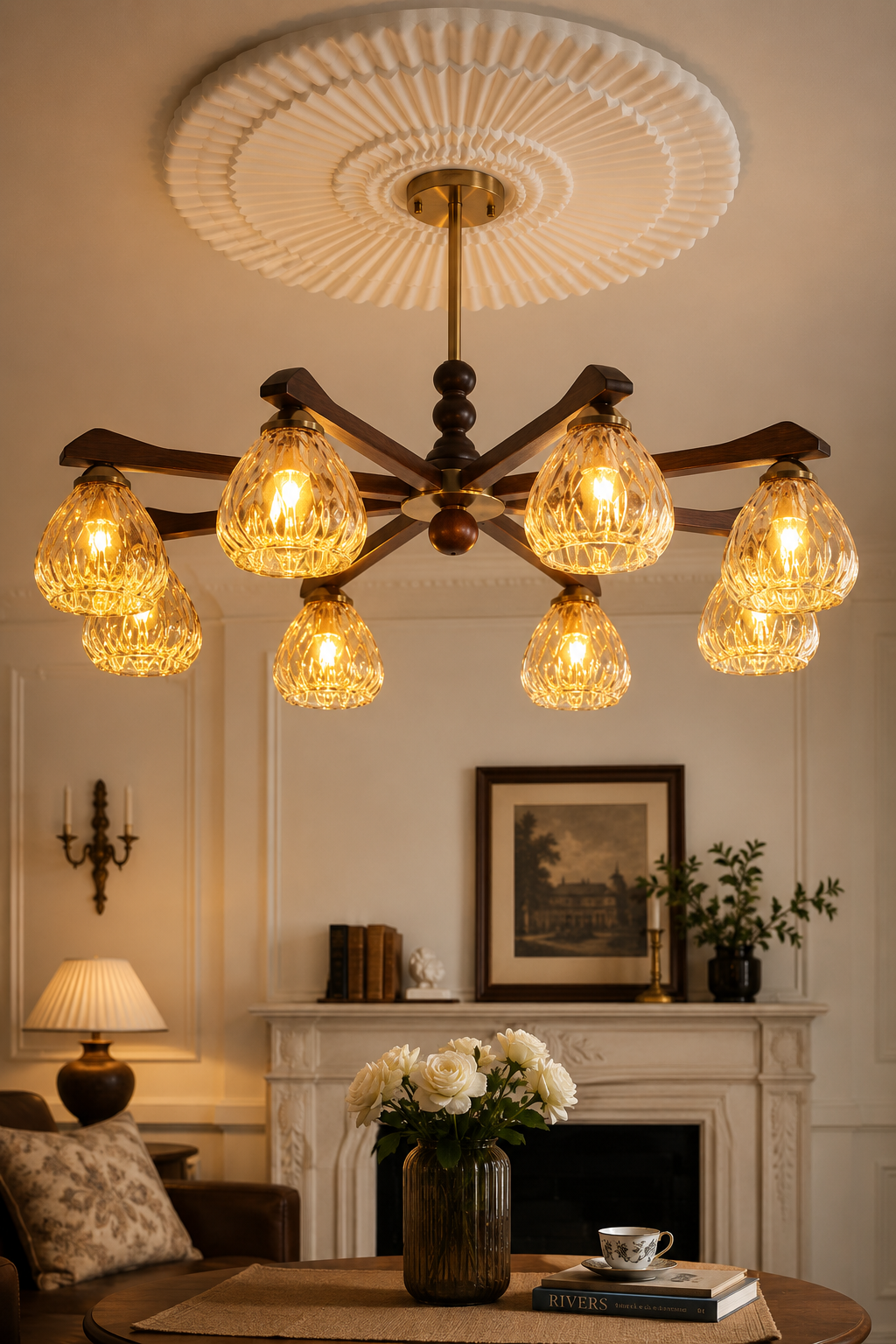 Mid-Century Modern 8-Light Chandelier with Walnut Wood & Hammered Amber Glass