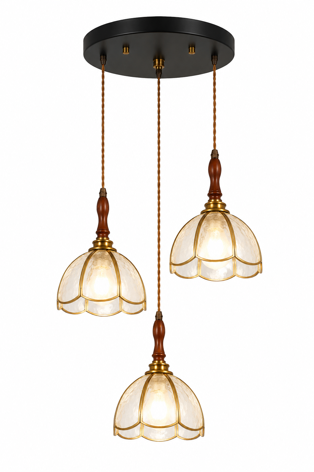 Vintage Wood and Glass Triple Pendant