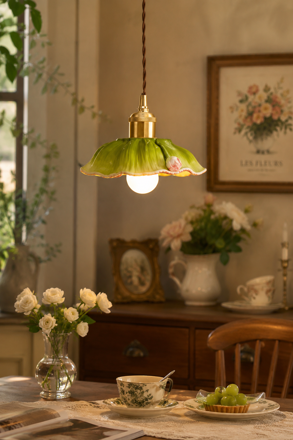 Vintage Ceramic Lotus Leaf Pendant Light