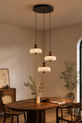 Vintage 3-Light Glass Pendant Chandelier with Walnut Wood Accents