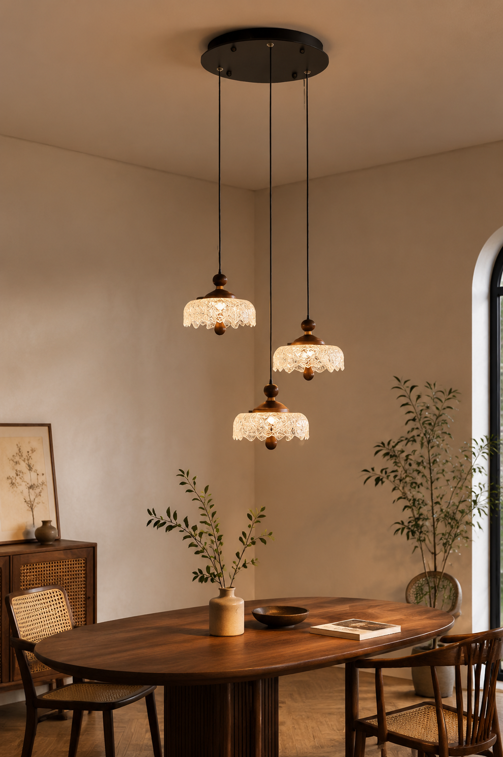 Vintage 3-Light Glass Pendant Chandelier with Walnut Wood Accents
