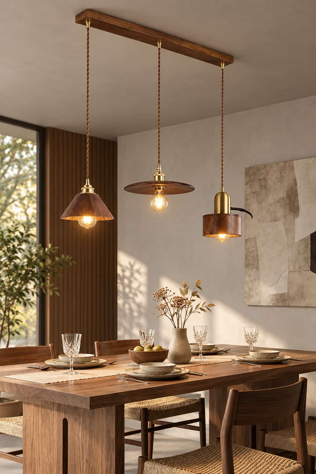 Walnut Wood 3-Head Pendant Light
