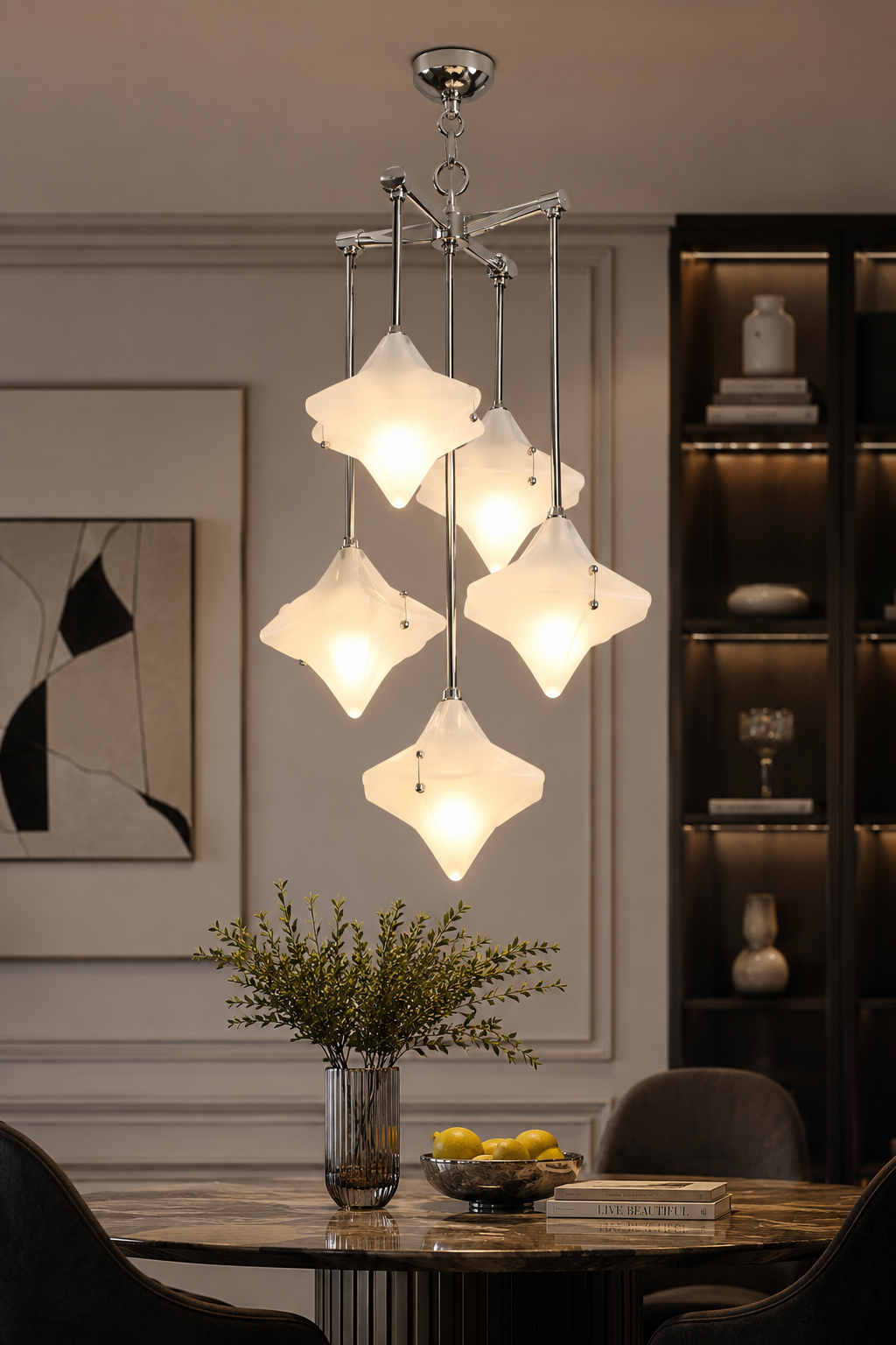Modern Geometric Multi-Head Chandelier with Star-Shaped Frosted Glass Shades