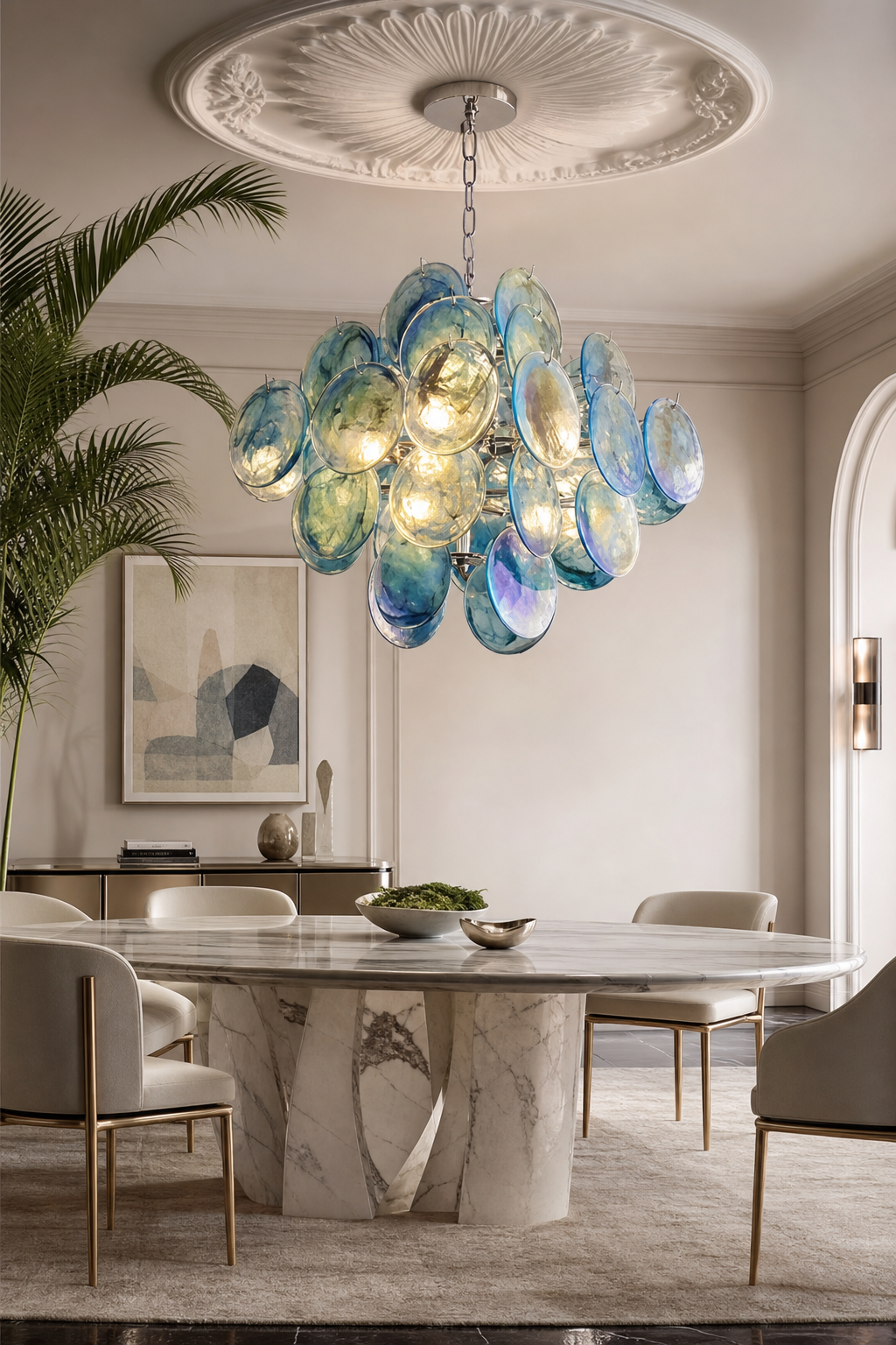 Modern Iridescent Glass Disc Chandelier - Teal and Blue Art Deco Pendant Light