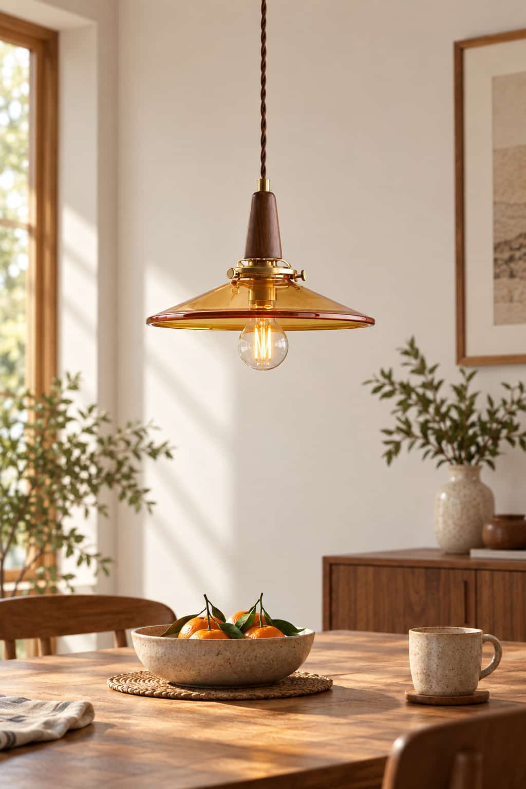 Vintage Amber Glass Walnut Pendant Light