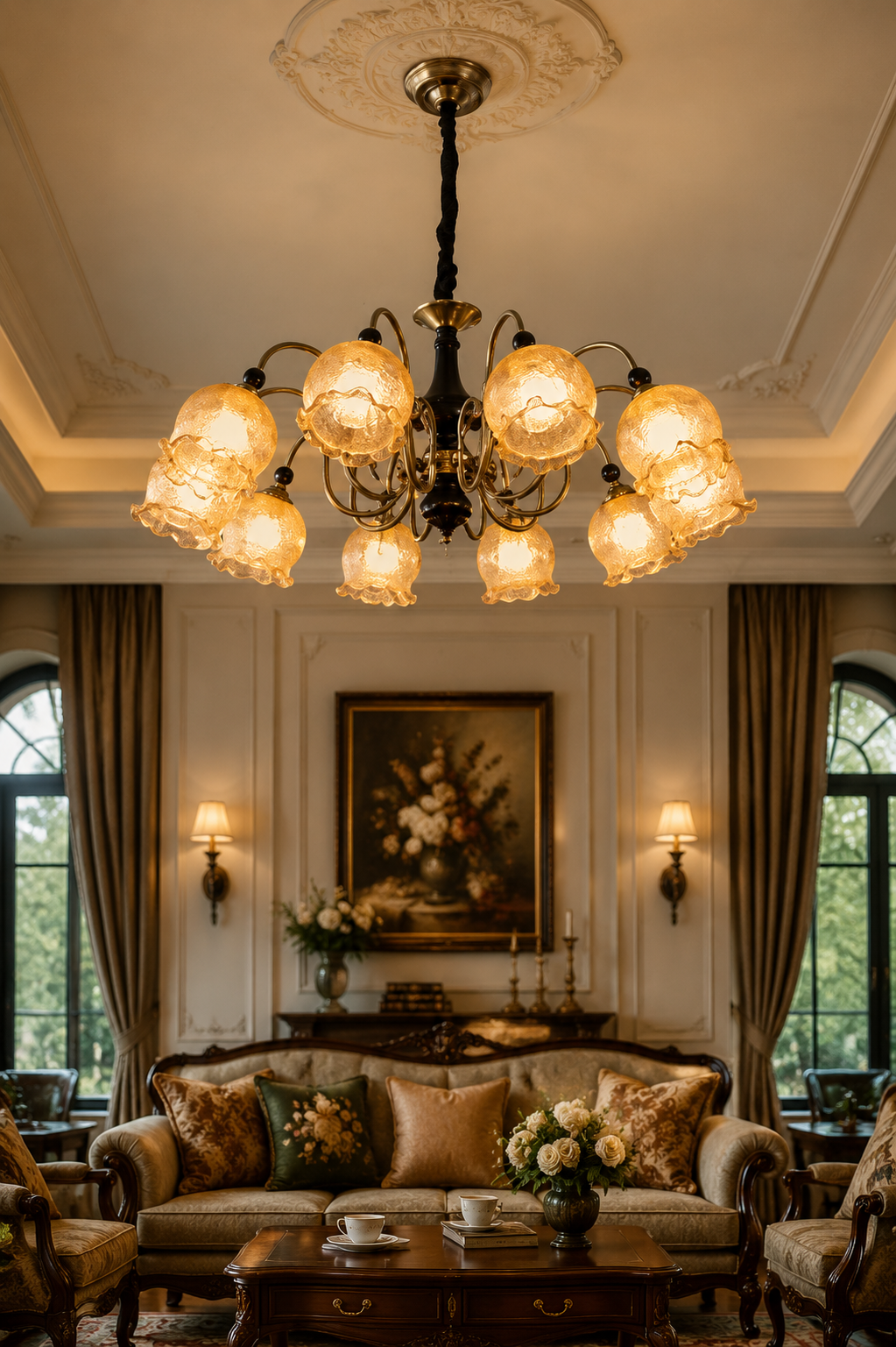 Vintage European Multi-Head Chandelier with Amber Patterned Glass Shades
