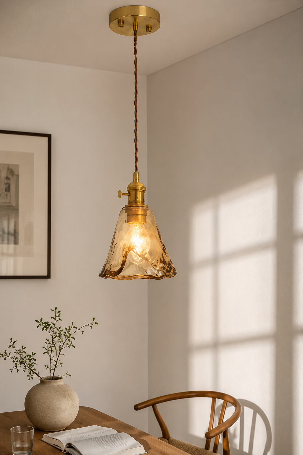 Vintage Amber Glass Brass Pendant Light