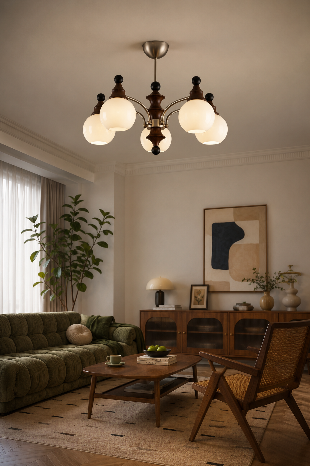 Modern Mid-Century 5-Light Globe Chandelier - Champagne Gold & Walnut Wood Finish