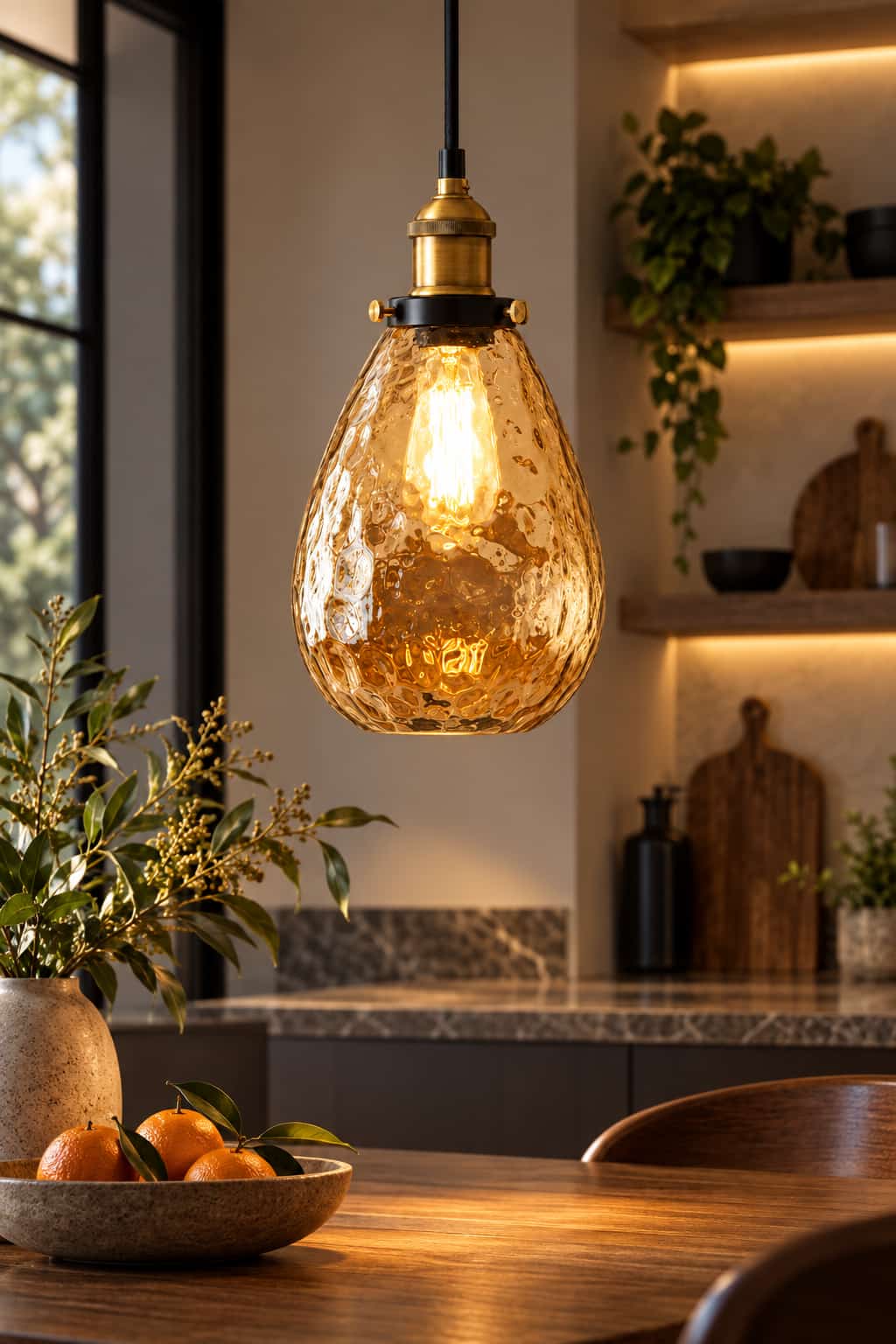 Amber Hammered Glass Vintage Pendant Light