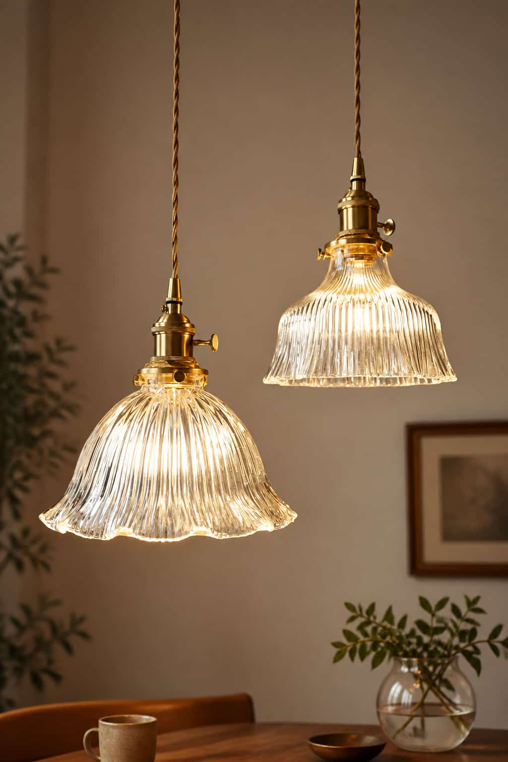 Vintage Ribbed Glass Brass Pendant Light