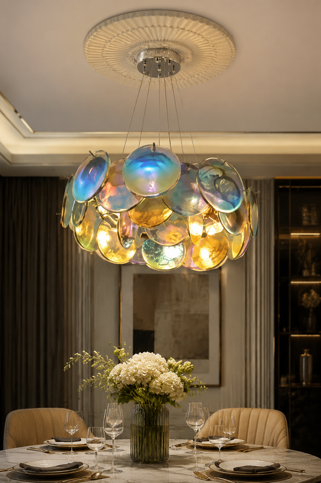 Modern Iridescent Glass Disc Chandelier - Artistic Pendant Light with Relief Base