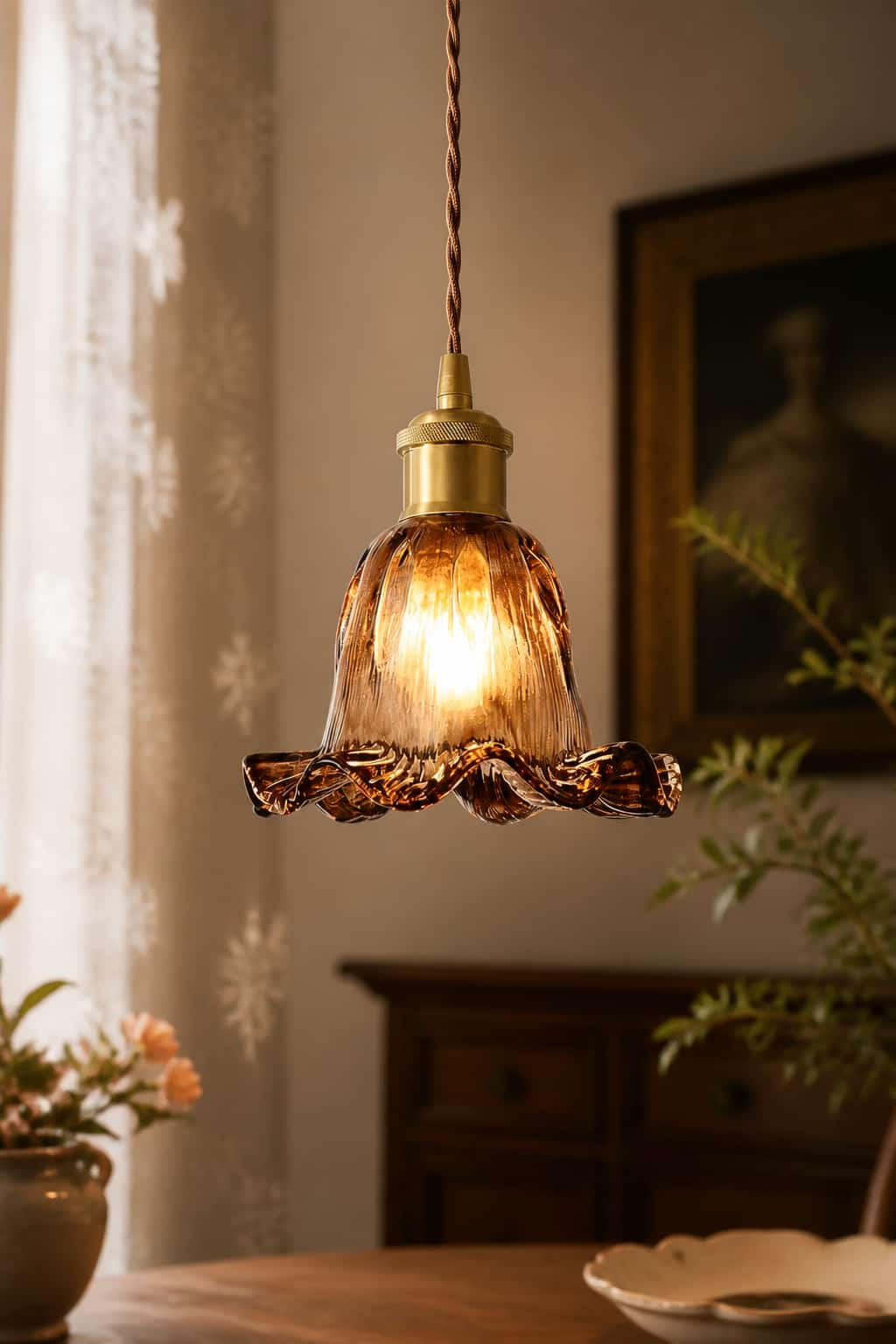 Vintage Amber Ripple Glass Pendant Light