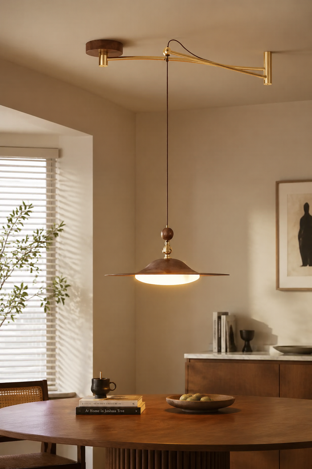 Modern Brass & Wood Swing-Arm Pendant