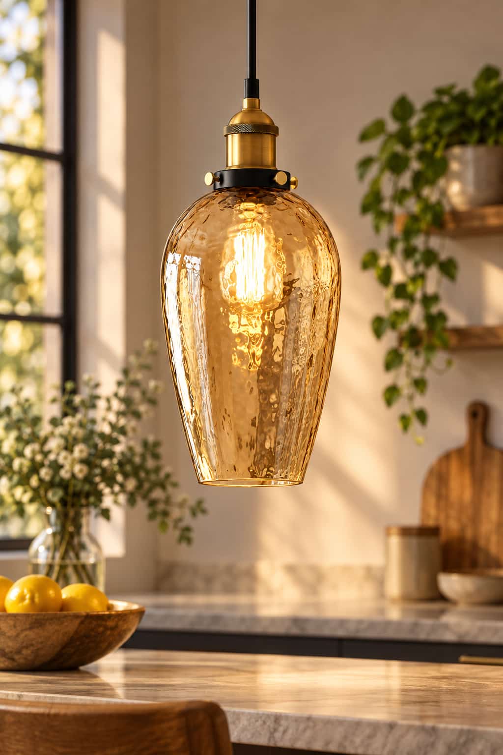 Amber Hammered Glass Industrial Pendant Light