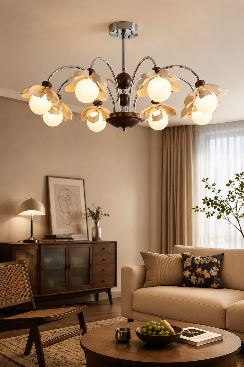 Modern Petal Wood & Chrome Chandelier - Nordic Floral Multi-Head Glass Globe Ceiling Light