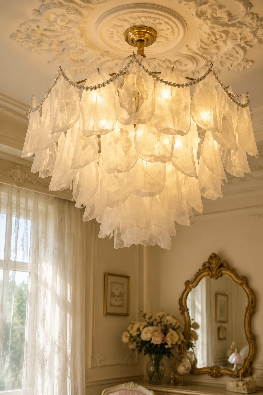French Romantic Petal Chandelier - Modern Luxury Gold Glass Ceiling Light