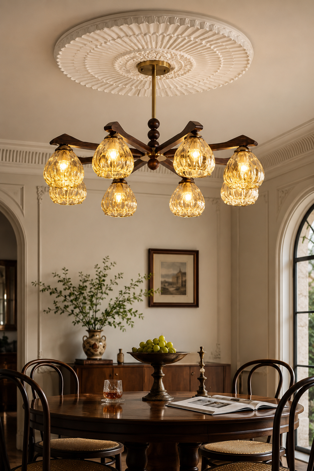 Mid-Century Modern 8-Light Chandelier with Walnut Wood & Hammered Amber Glass