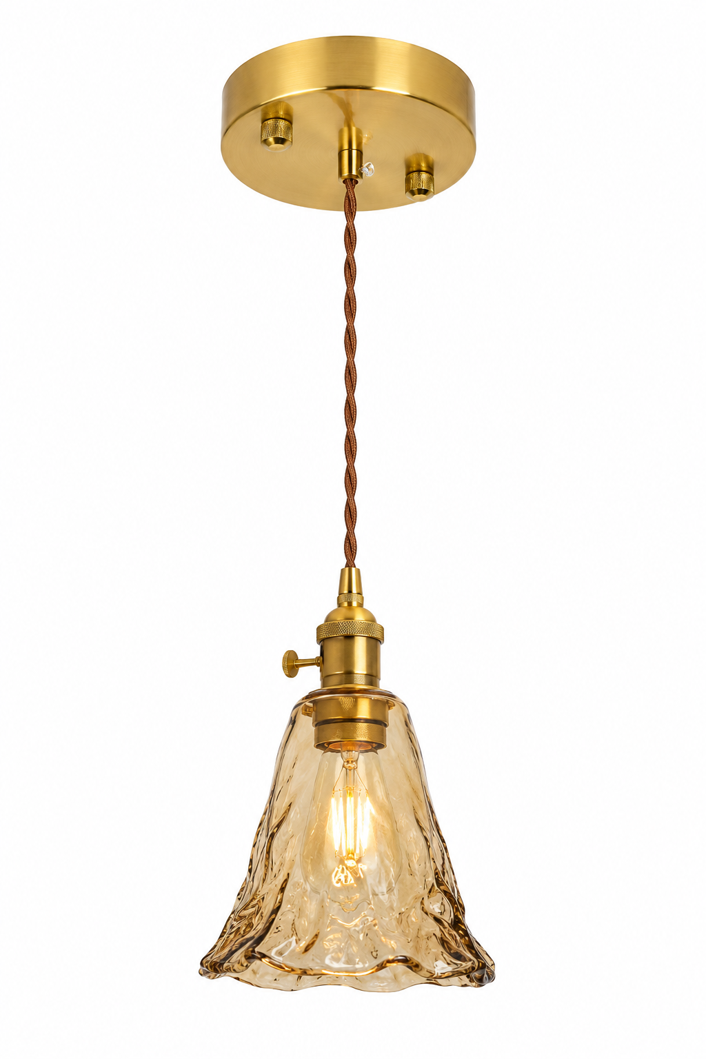 Vintage Amber Glass Brass Pendant Light