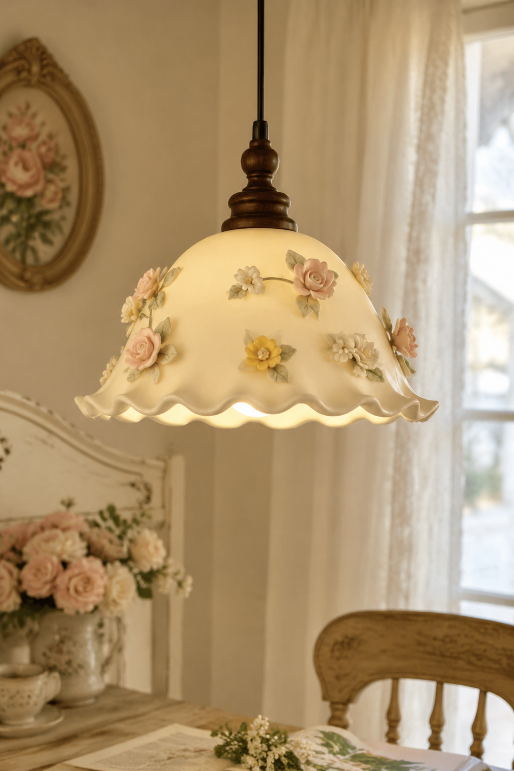 Vintage Floral Ceramic Pendant Light