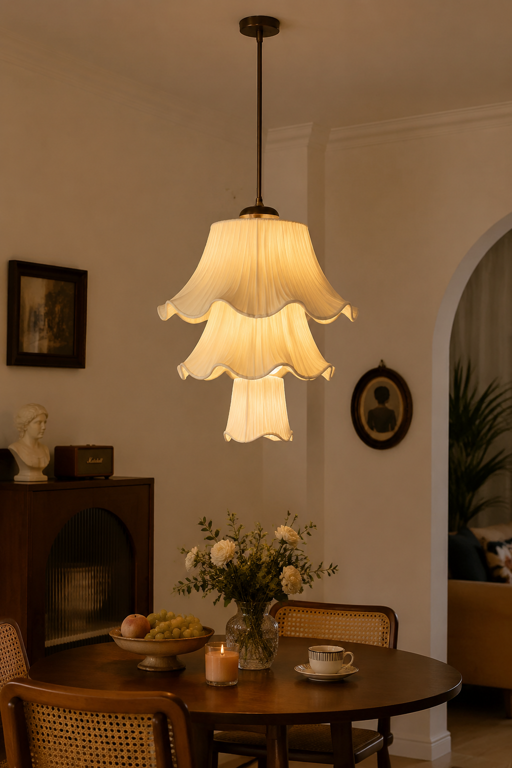 French Vintage Pleated Fabric Multi-Layered Pendant Light