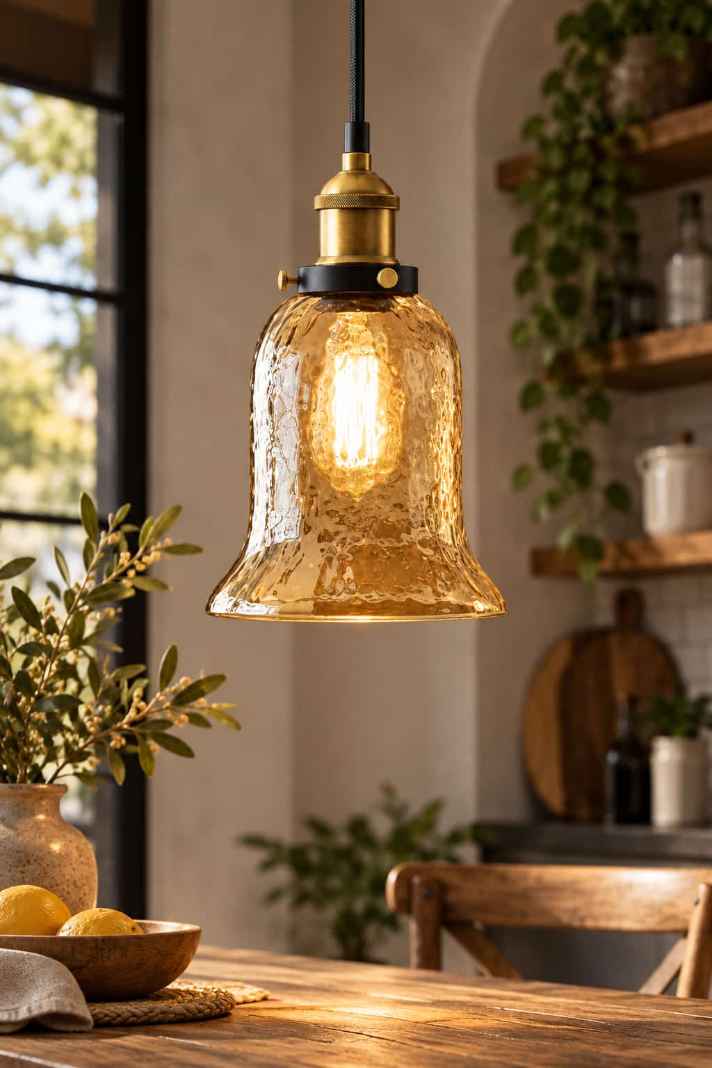 Vintage Amber Hammered Glass Pendant Light