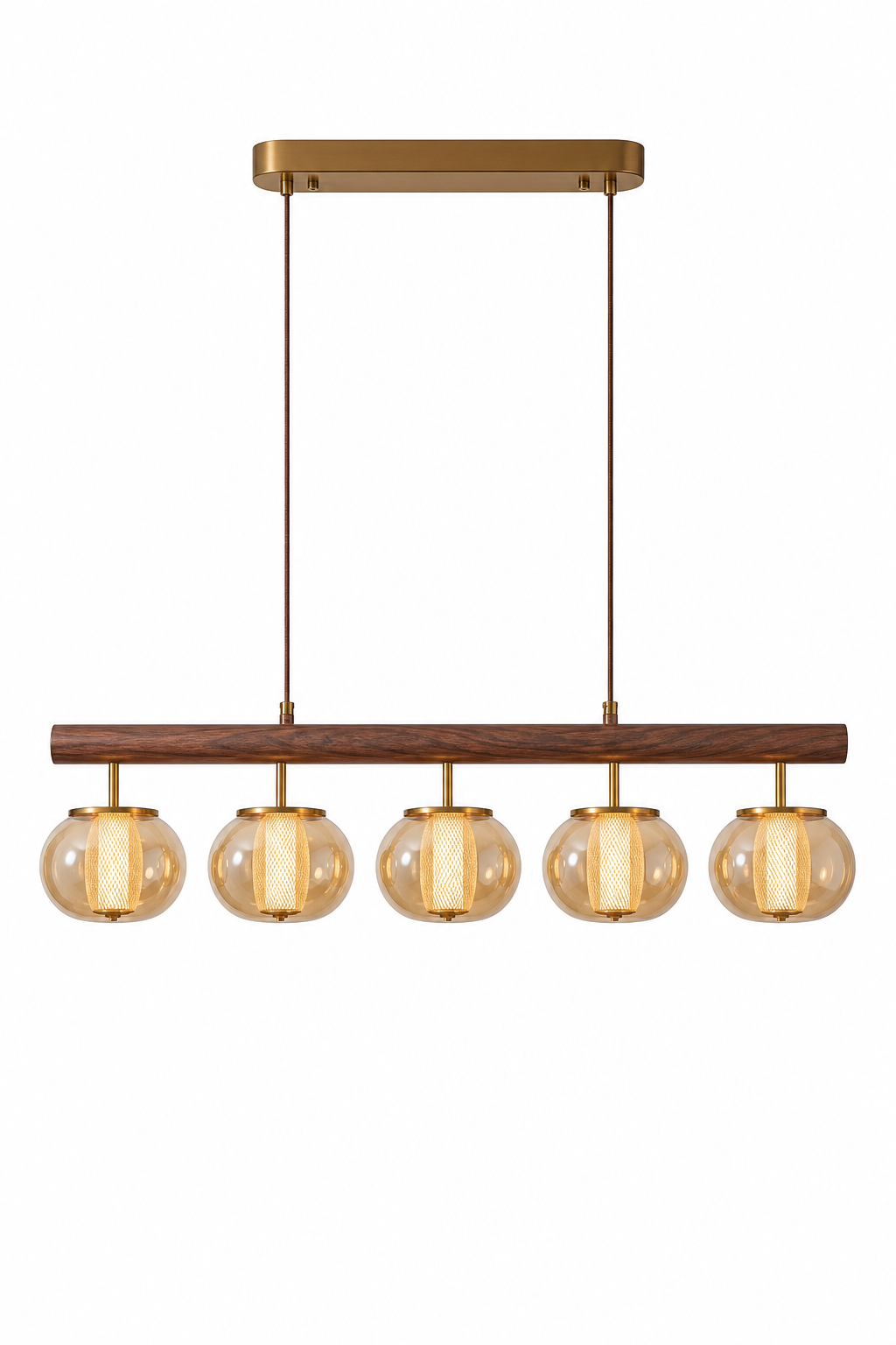 Modern Walnut Linear Amber Glass Chandelier