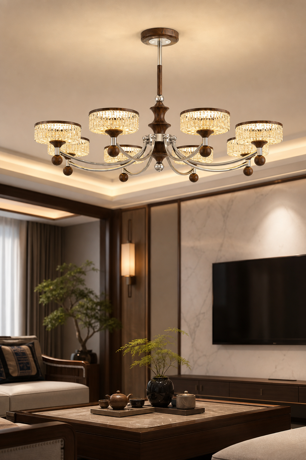 Modern Luxury Crystal Chandelier with Walnut Wood Accents & Chrome Finish