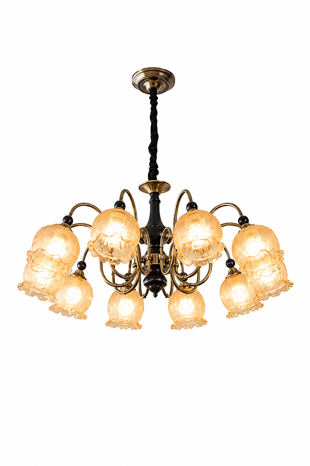 Vintage European Multi-Head Chandelier with Amber Patterned Glass Shades