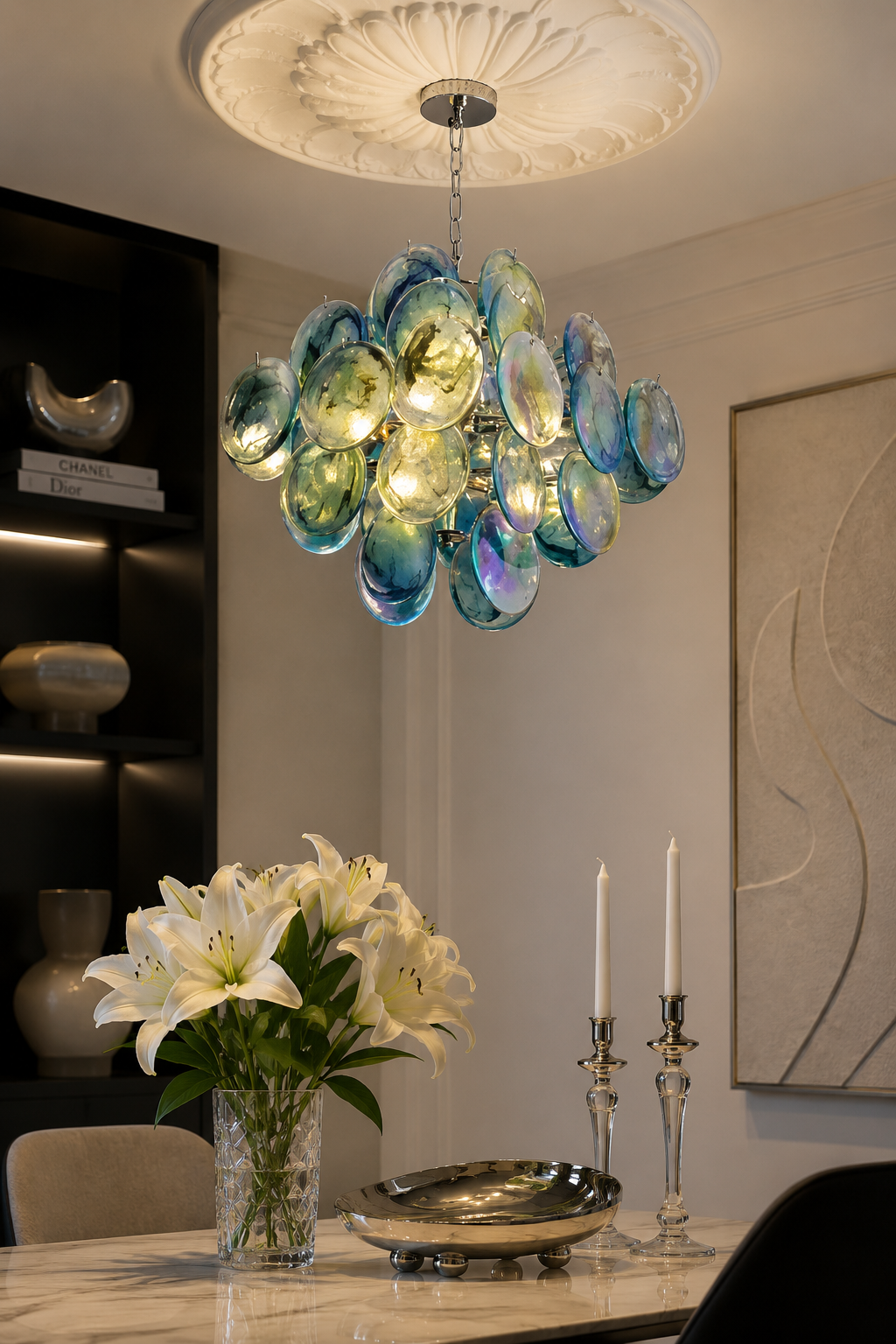 Modern Iridescent Glass Disc Chandelier - Teal and Blue Art Deco Pendant Light