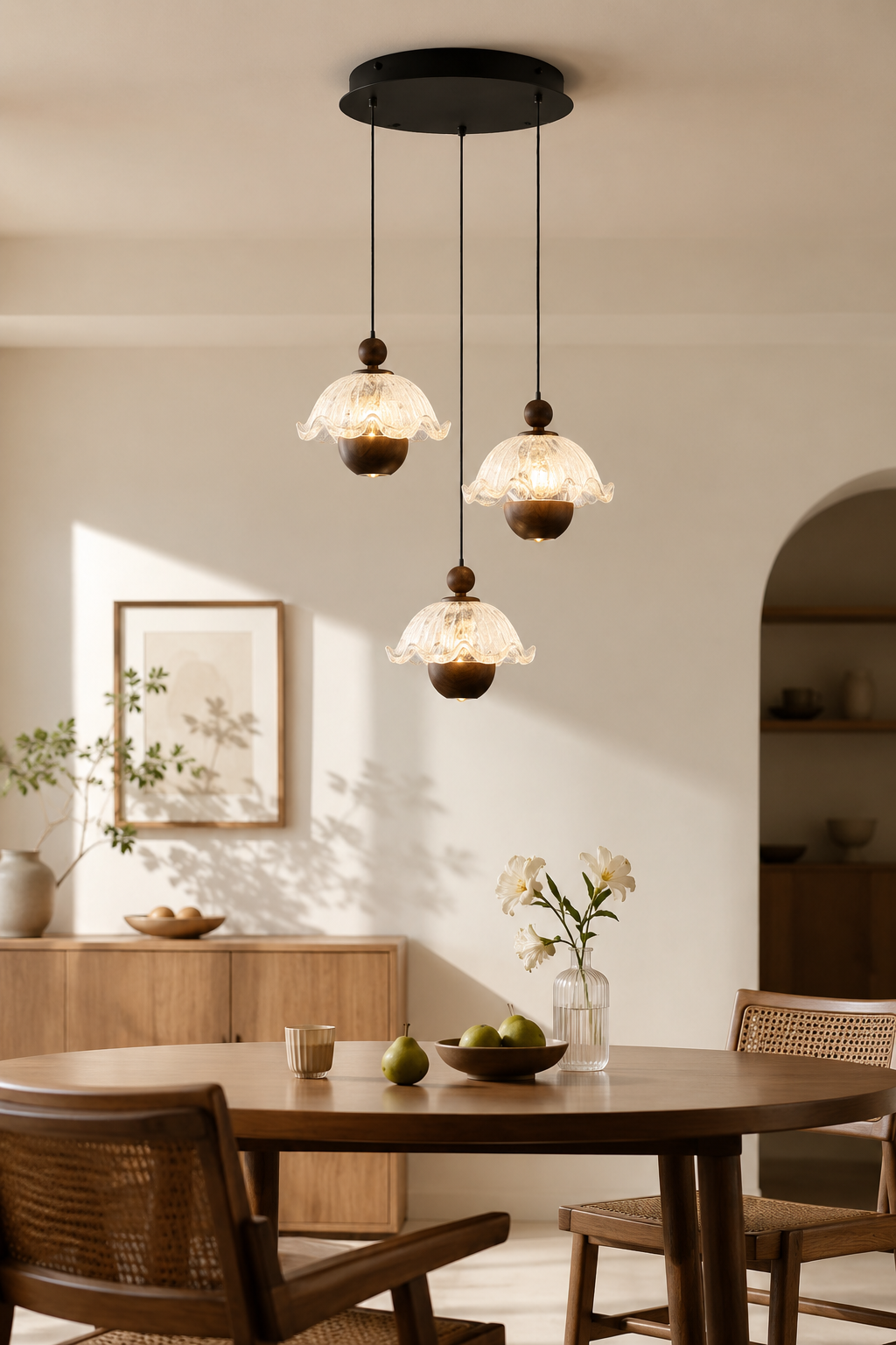 Vintage Japanese Walnut 3-Light Pendant