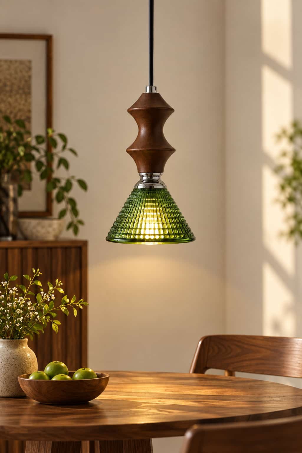 Vintage Green Glass Wood Pendant Light
