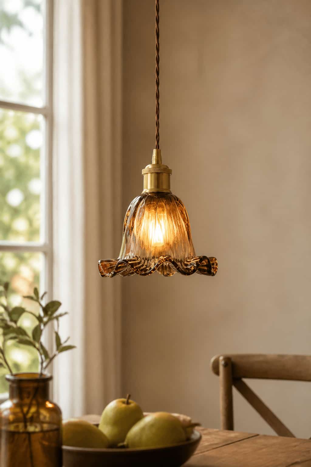 Vintage Amber Ripple Glass Pendant Light