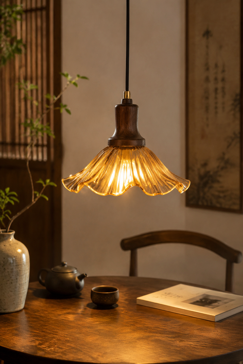 Amber Glass & Walnut Pendant Light