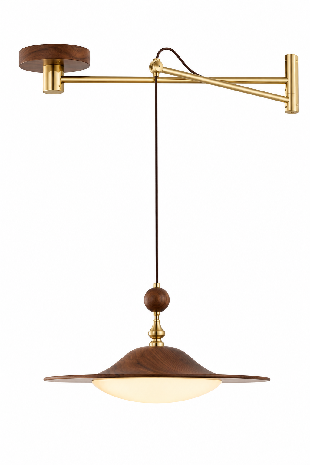 Modern Brass & Wood Swing-Arm Pendant