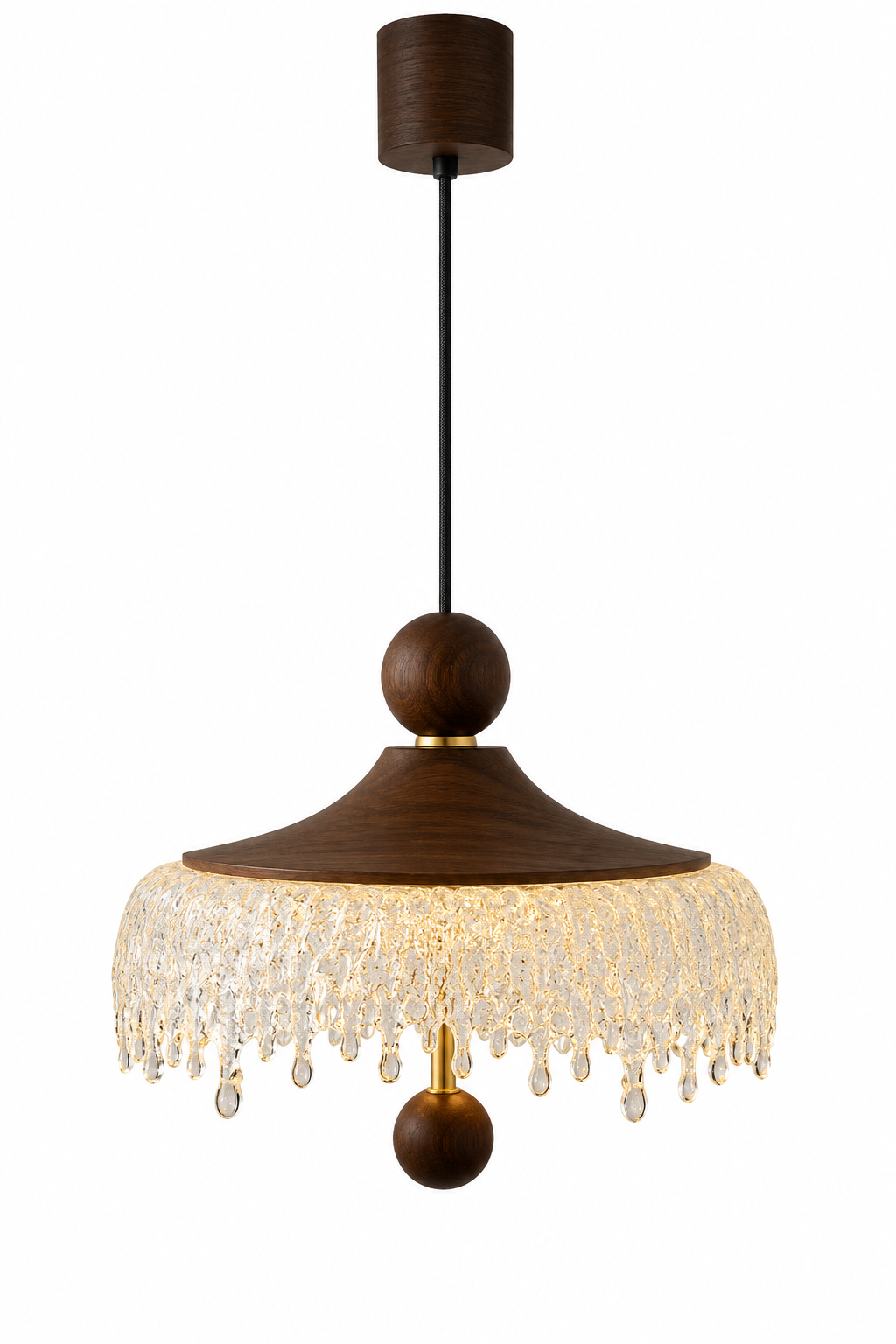Minimalist Walnut and Melting Ice Glass Pendant Light - Wabi-Sabi Aesthetic