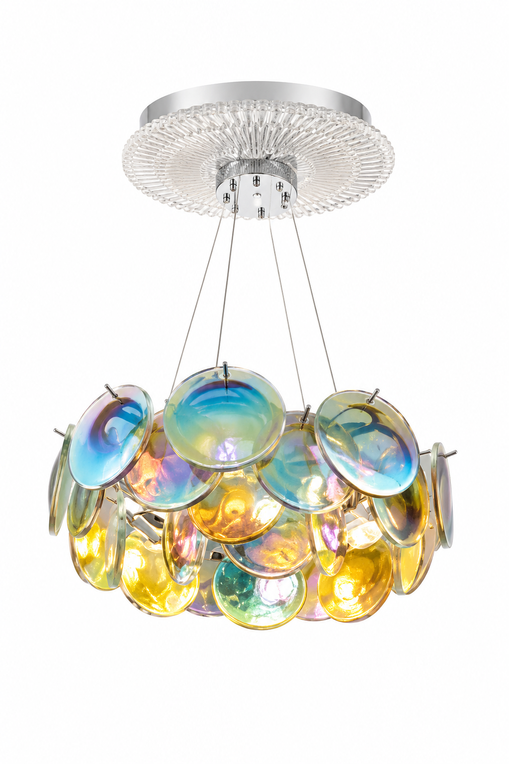Modern Iridescent Glass Disc Chandelier - Artistic Pendant Light with Relief Base