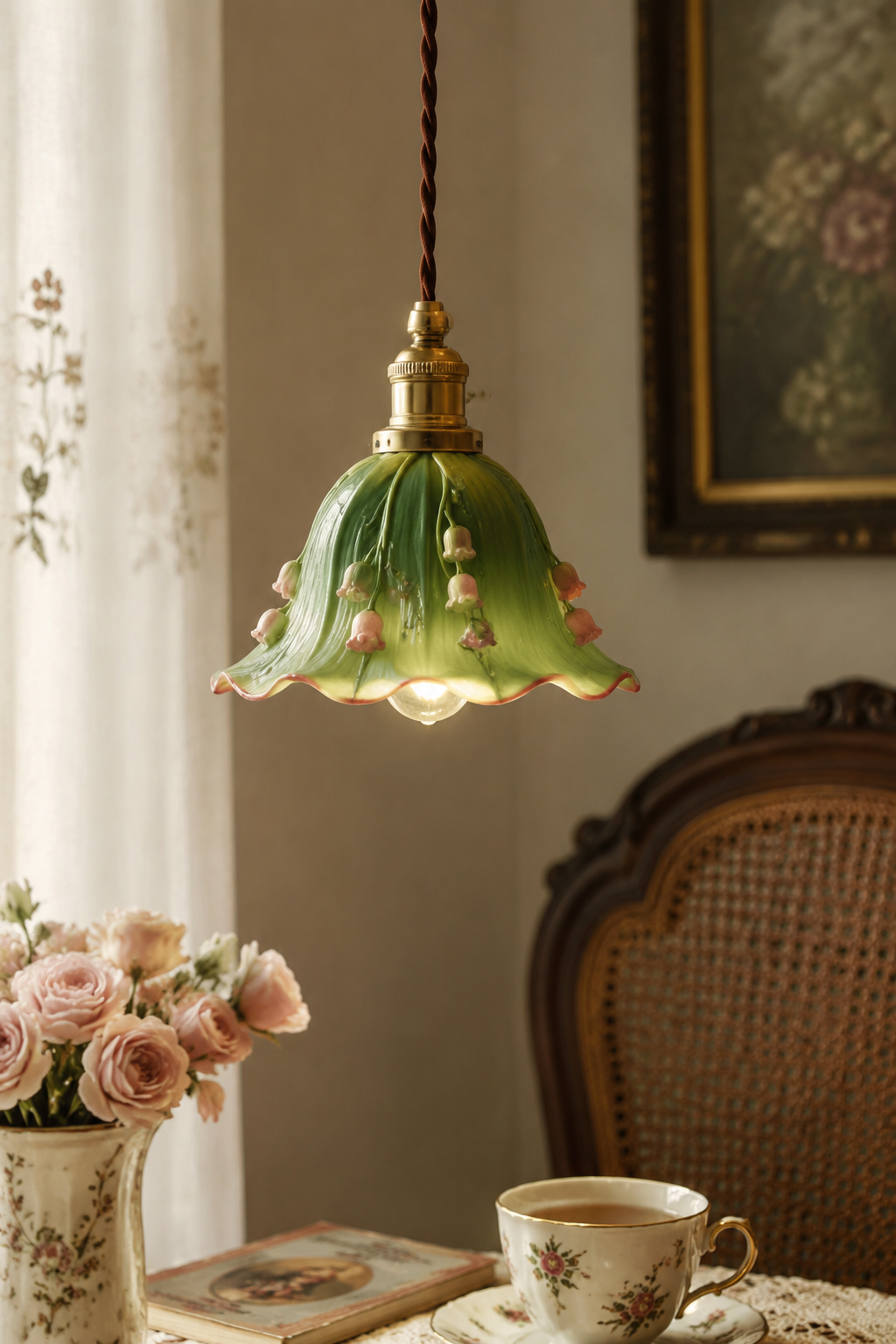 Vintage Ceramic Lotus Leaf Pendant Light