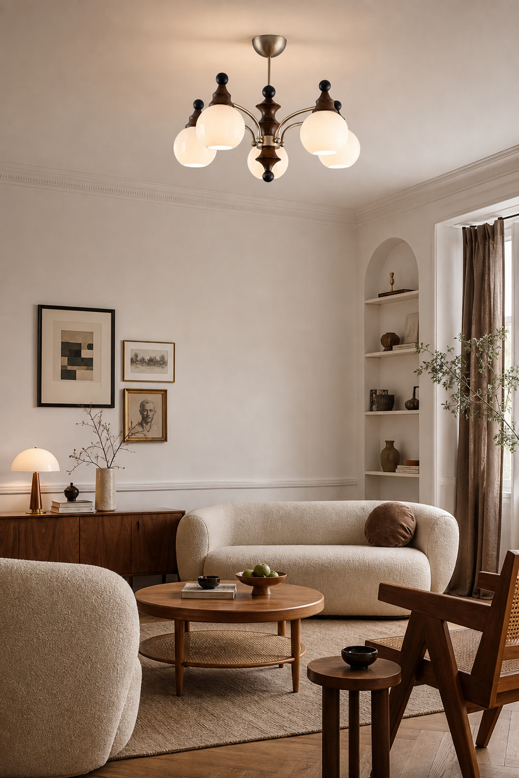 Modern Mid-Century 5-Light Globe Chandelier - Champagne Gold & Walnut Wood Finish