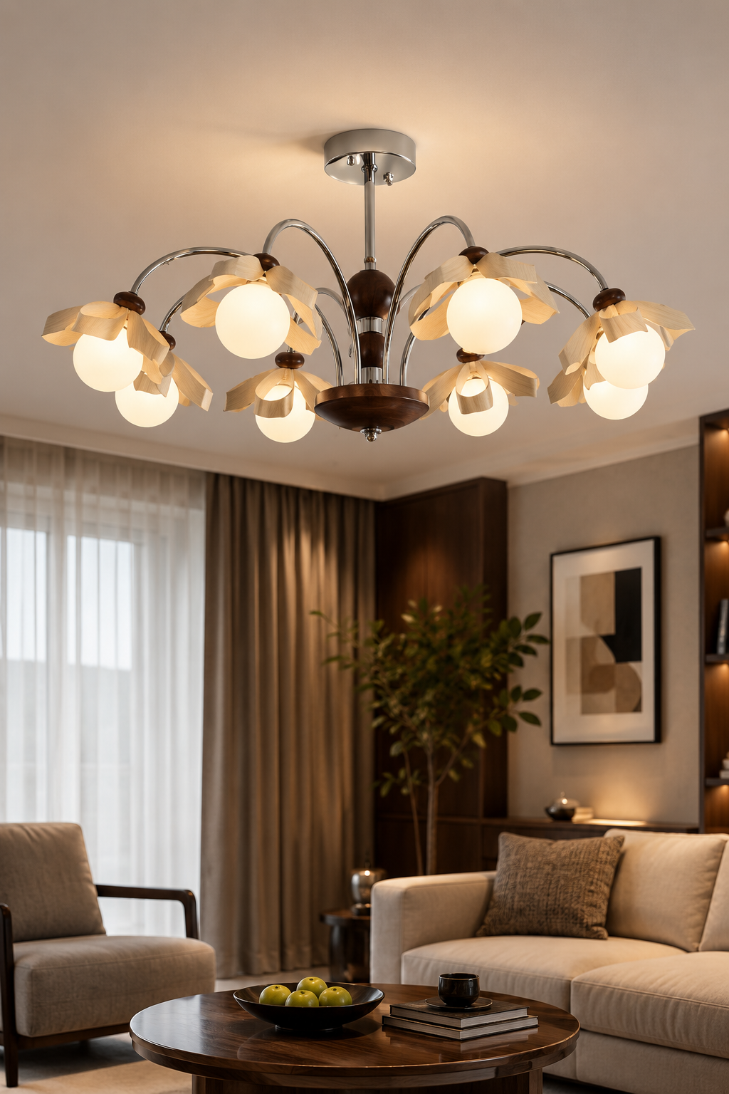 Modern Petal Wood & Chrome Chandelier - Nordic Floral Multi-Head Glass Globe Ceiling Light