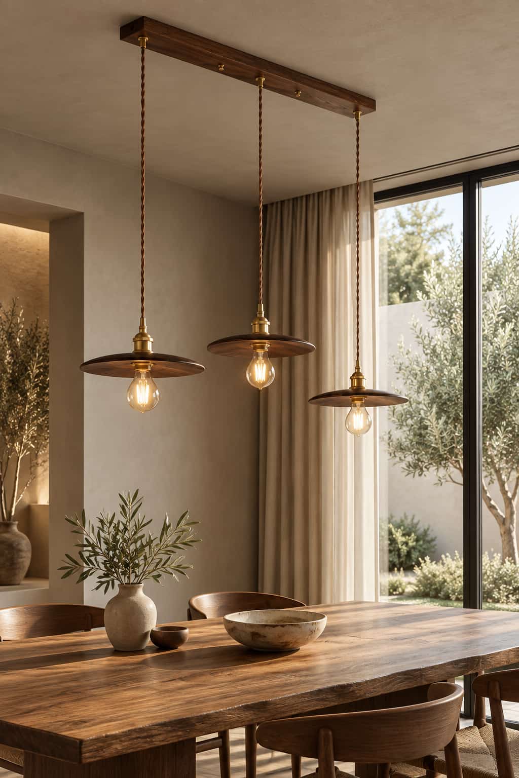 Minimalist Walnut and Brass Linear Chandelier