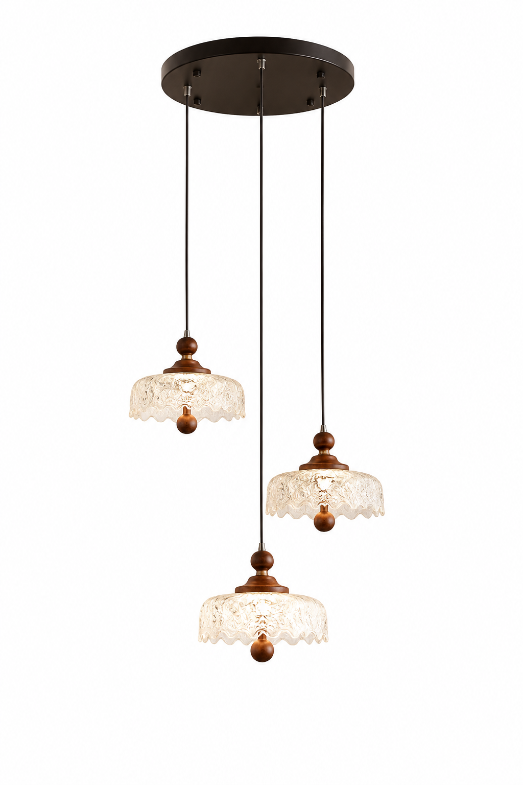 Vintage 3-Light Glass Pendant Chandelier with Walnut Wood Accents