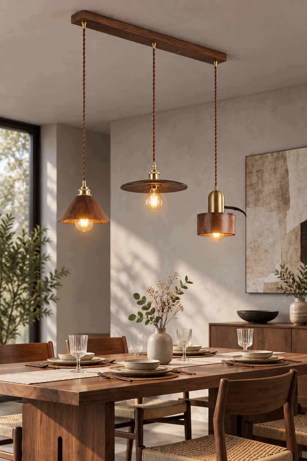 Walnut Wood 3-Head Pendant Light