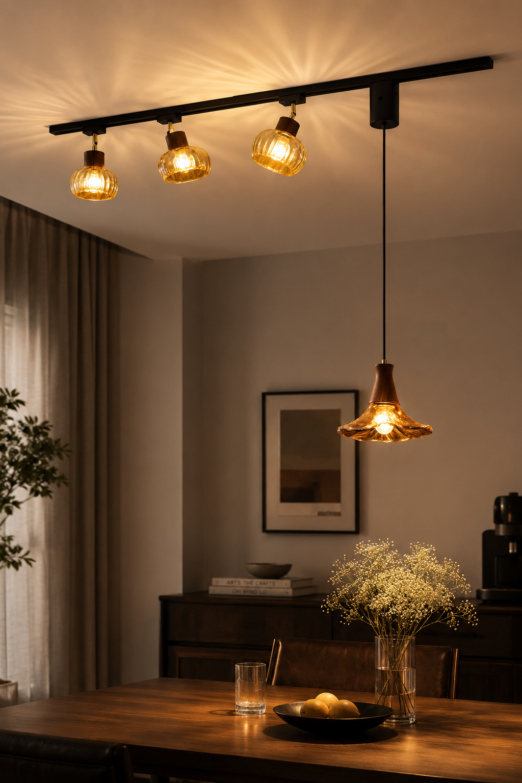 Retro Walnut & Amber Glass Track Light