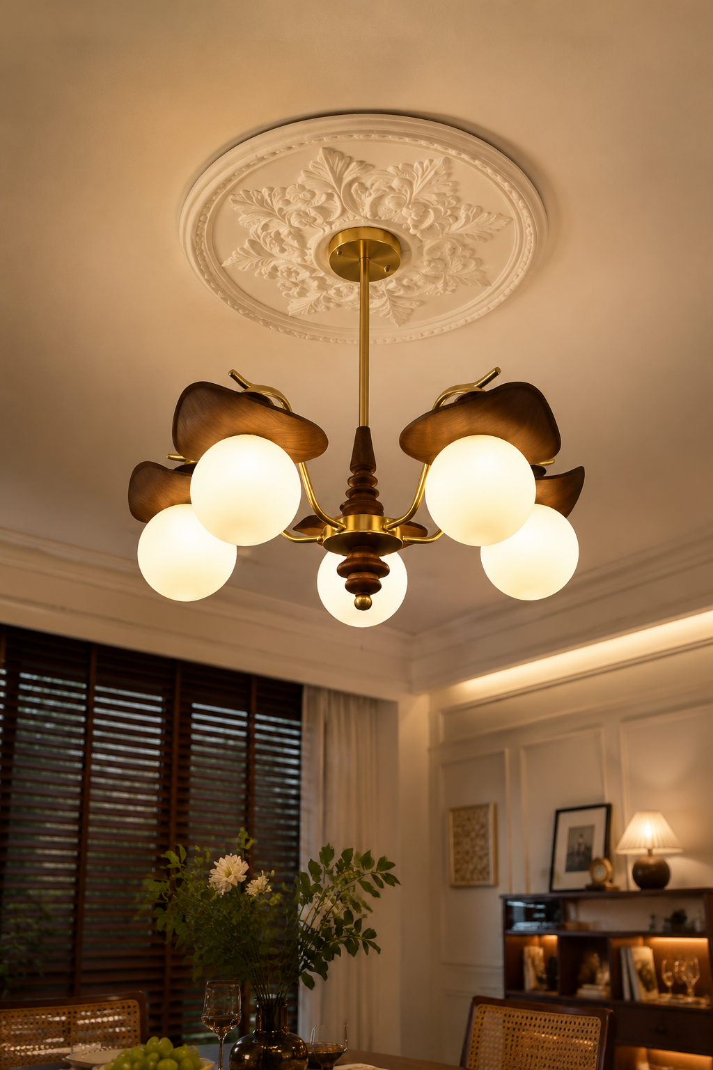 Modern Mid-Century Multi-Head Glass Globe Chandelier with Walnut & Brass Accents