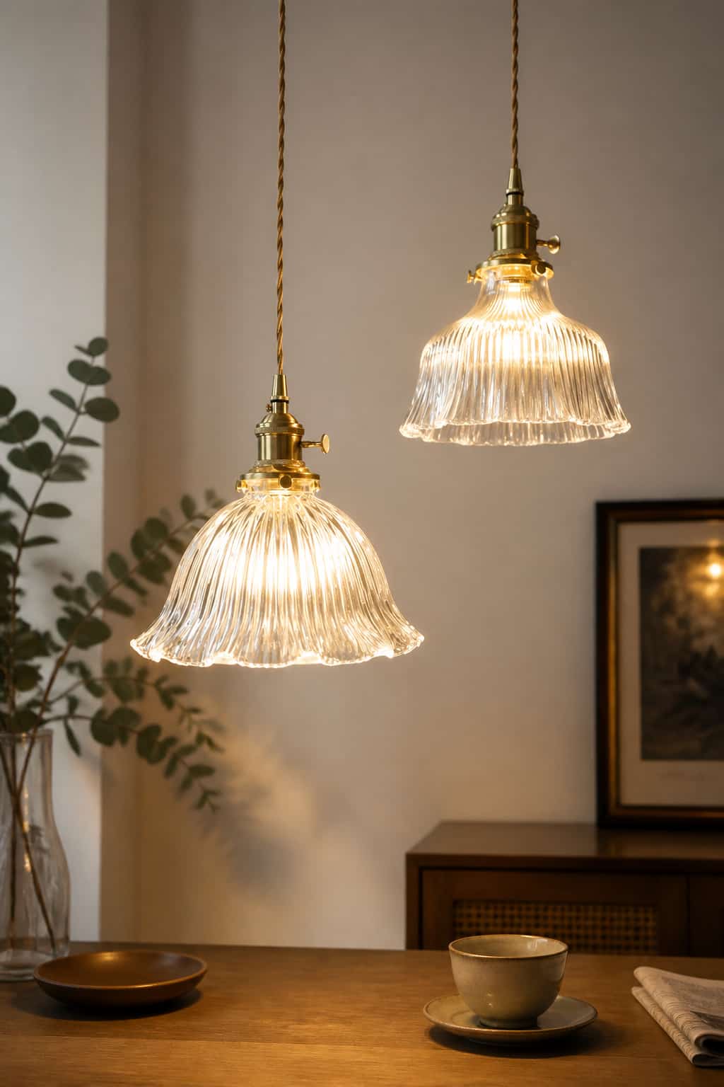 Vintage Ribbed Glass Brass Pendant Light